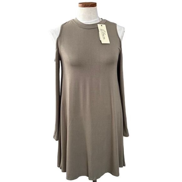 NWT Elan Soma Olive Dress S Cold Shoulder Flounce Relaxed Fit Stretch Casual - Picture 3 of 15